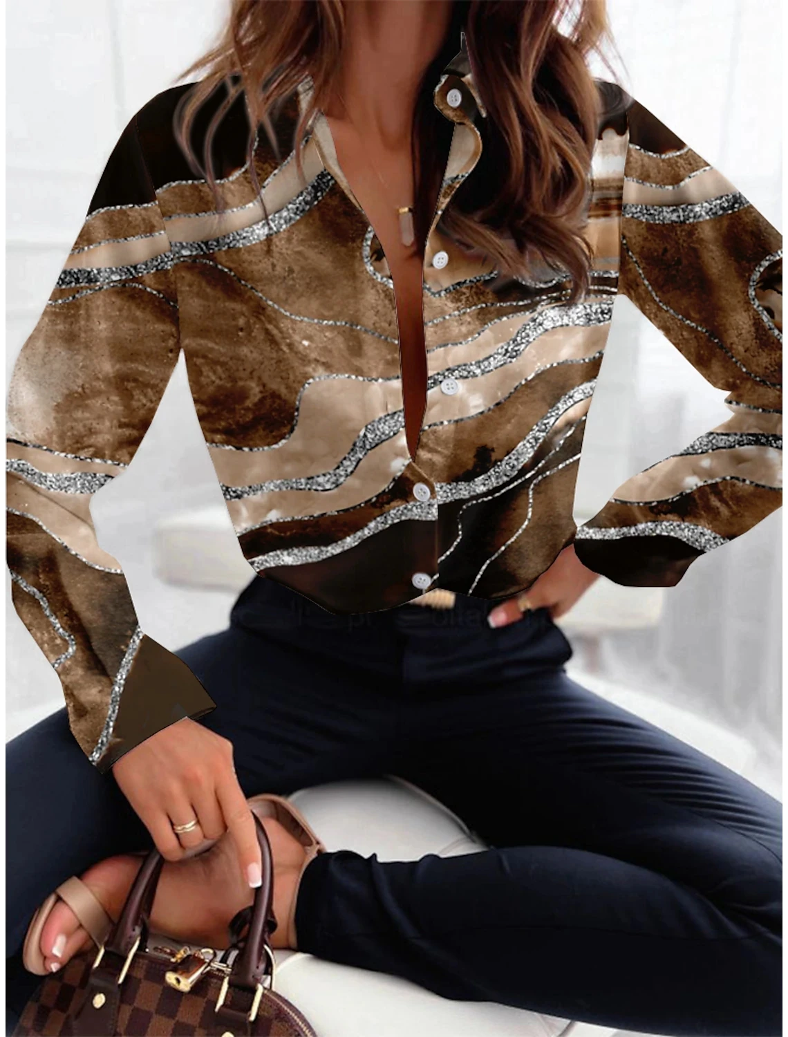 Mcdv-Chemises texturées zèbre vintage pour femmes, revers à la mode, manches longues, bureau, vêtements pour femmes, 2024