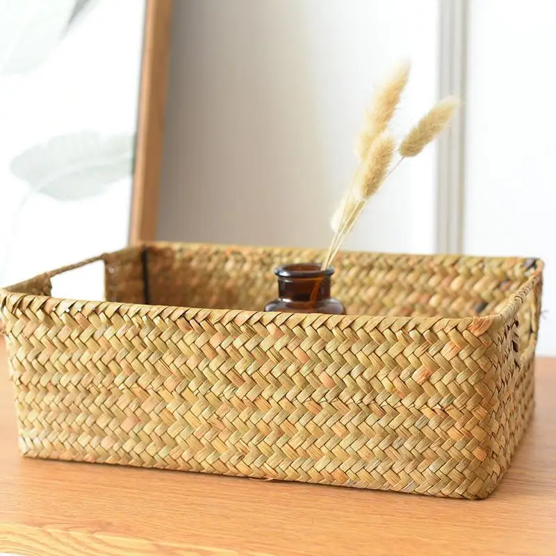 Straw Braided Rectangular Storage Basket Organizing Basket Box Braided Bamboo