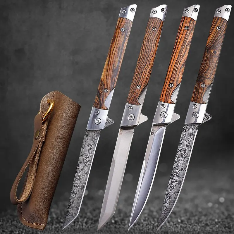 Folding Knife Damascus Pattern Outdoor Pocket Jungle Hunting SelfDefense Camping Survival Sandal Wood Handle Magic Pen Knife