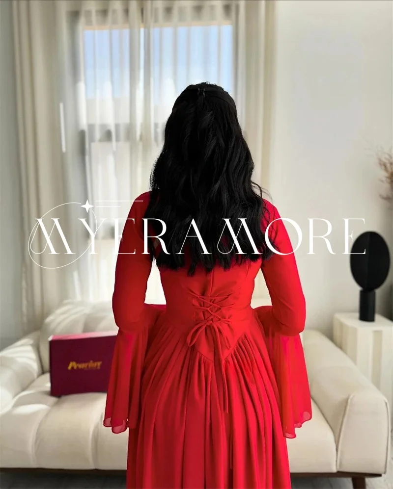 فساتين سهرة شيفون بسيطة للنساء على شكل حرف A وأكمام طويلة ورقبة عالية وطول الشاي فساتين لحضور الحفلات الموسيقية مخصصة