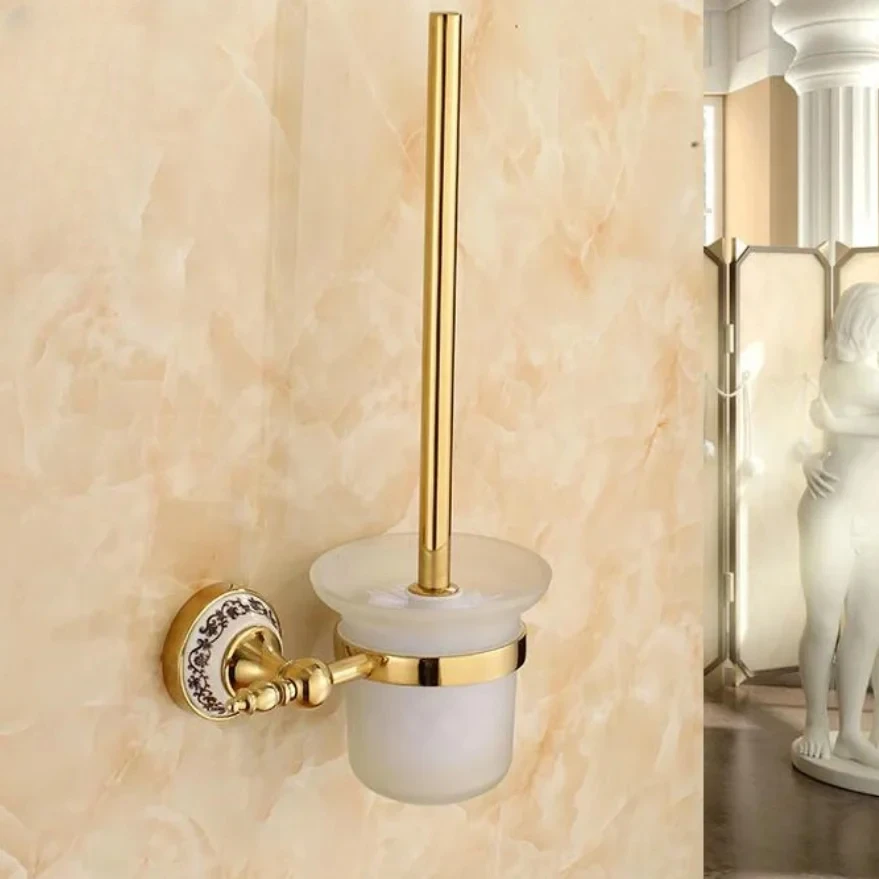 Blue & White Porcelain Bathroom Accessories Brass Gold Toilet Brush Holder,Bathroom Products Construction