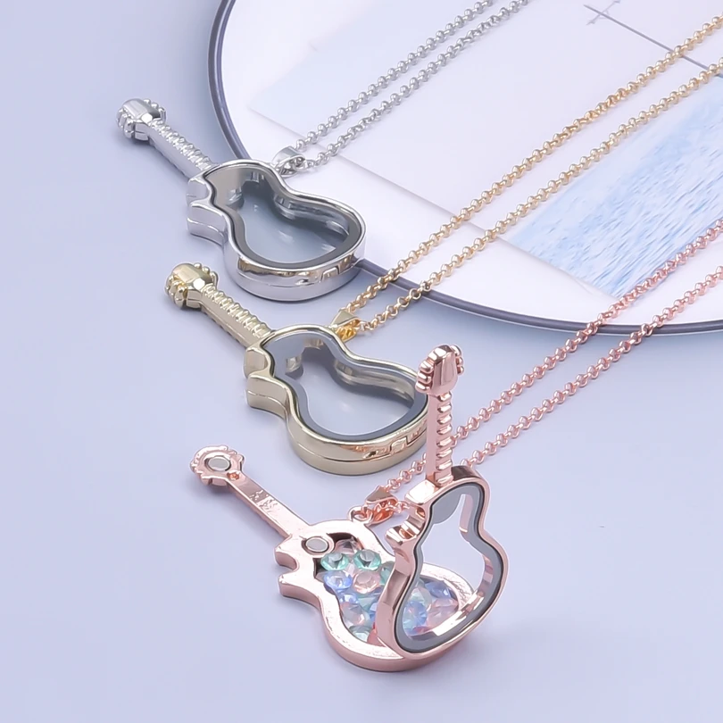 Musical Instrument Guitar Locket Pendant Necklaces For Women Me Long Chain Neck Jewelry Metal Necklace Floating 2023 accessories