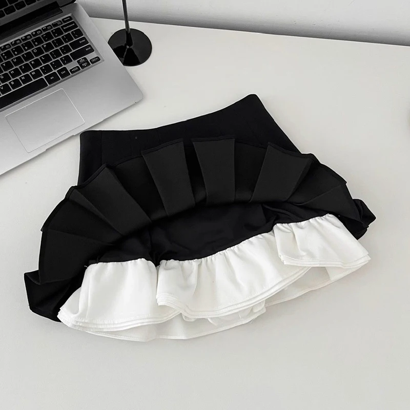 Y 2K Zwarte Geplooide Rok Vrouwen Koreaanse Vintage Chic Ruches Mini Rok Grijs Schattige Patchwork Hoge Taille Een Lijn Rok Dames Nieuw