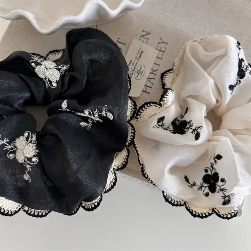 Vintage Fashion Black Embroidered Flower Hairrope Large Scrunchie Hair Loop Elegant Tie Ponytail Hairband Head Rope Headwear