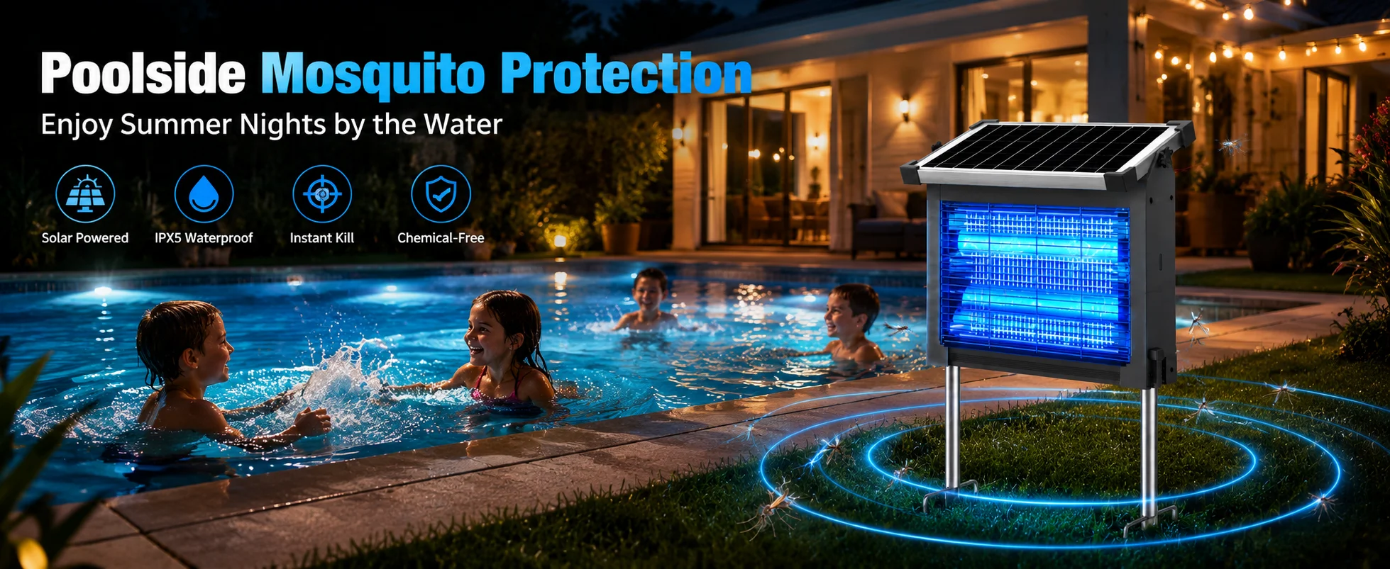 Solar Bug Zapper Outdoor, Cordless Rechargeable Mosquito Killer | IP66 Waterproof Fly Zapper, 4500V Grid, Auto/Manual Mode, Cordless with Projection Light, Cord & Chain for Patio Camping RV