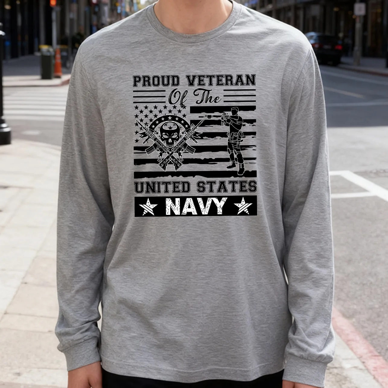 Proud Veteran of the United States Navy Men's Long Sleeve Tee 100% Cotton 180g Crew Neck Casual Daily Style Soft and Breathable