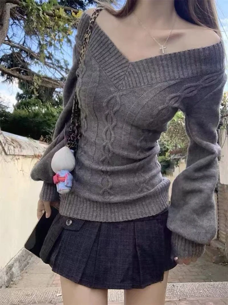 Elegant  Vintage V-neck Knitted Tops Women Sweet Hot Girl Sexy Slim Sweaters Autumn Casual Fashion Long Sleeve Pullover New