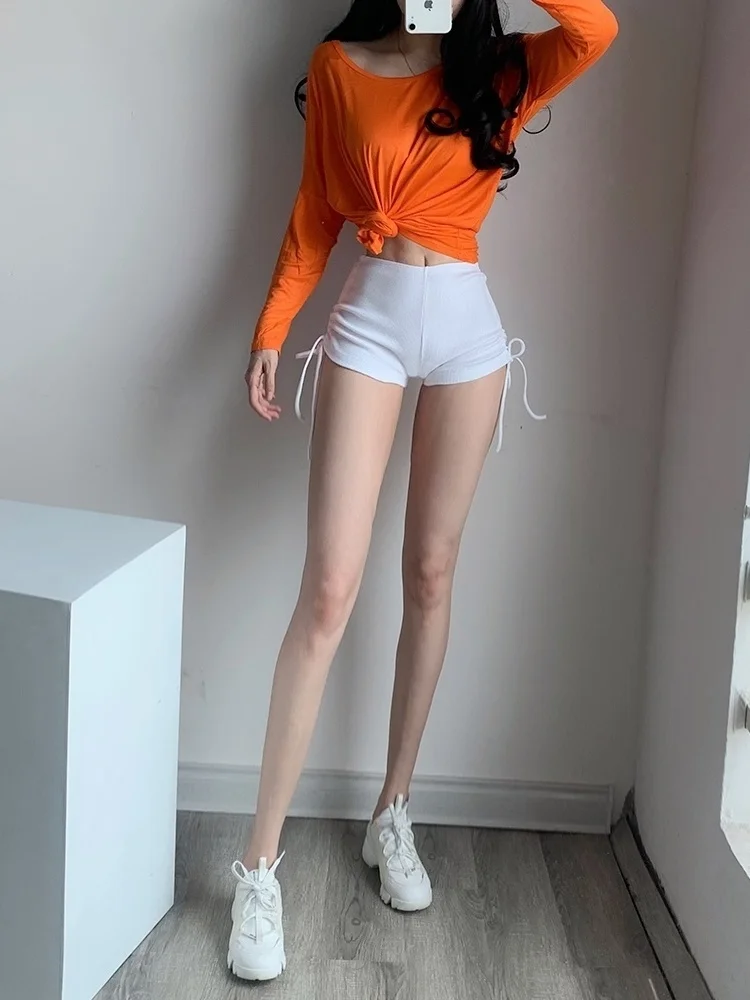 Hot Sexy WOMENGAGA 2021 Skinny Knitting Elasticity White High Waist Girl Female Movement Drawstring Folds Shorts Short S8IV