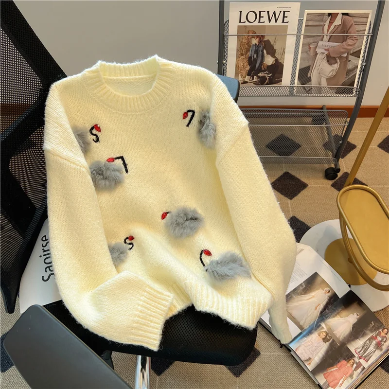 

2023 Winter Fashion Diamonds Embroidery Sweater Women's Vintage Long Sleeve Casual Knitted Pullovers O-Neck 3D Female Jumper Top