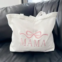 Mama and Bow Letters Embroidered Kpop canvas tote Bags White Casual Reusable Shopping Bags Cotton Cloth Fabric Shoulder Bags