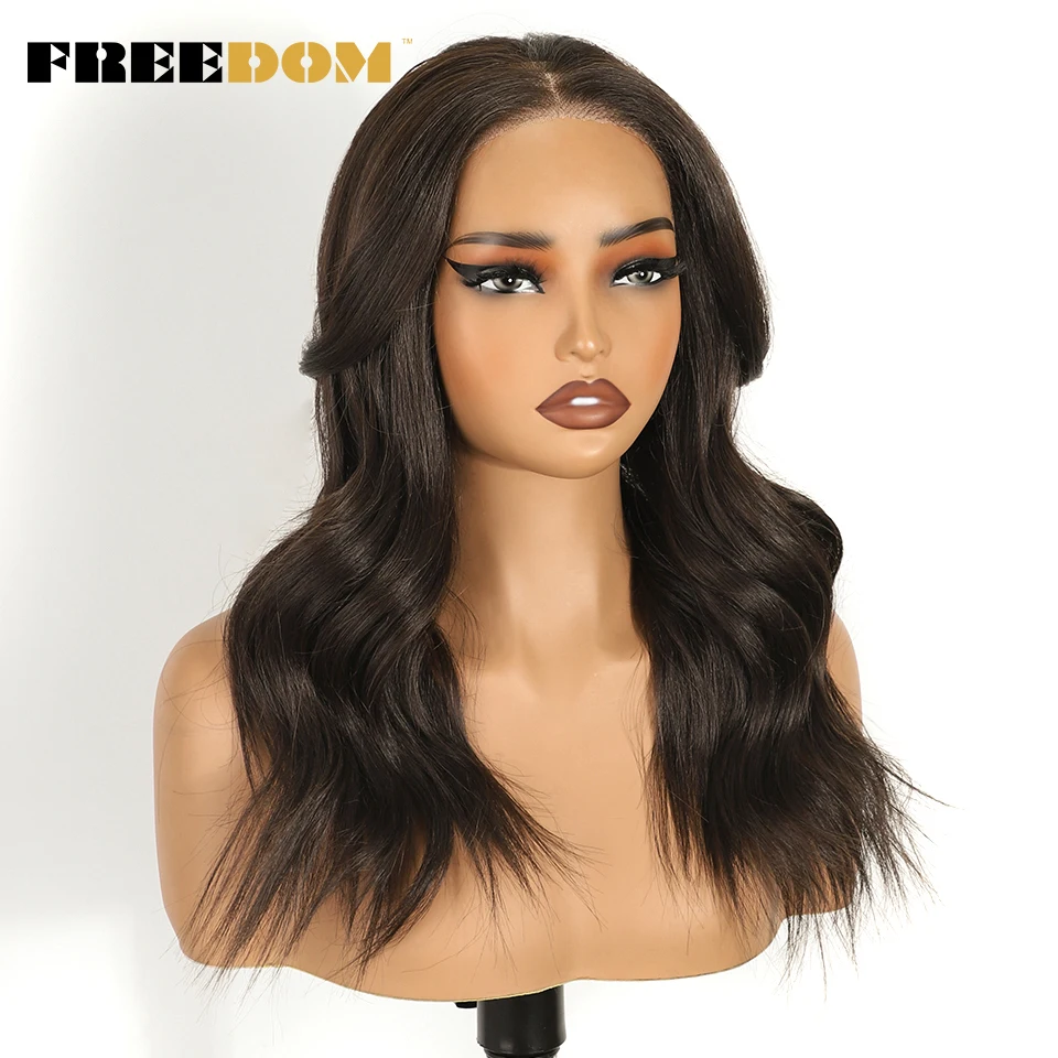 FREEDOM Synthetische Lace-Front-Perücken für Damen, natürlich gewellt, 18 Zoll, 13x3 Lace-Perücke mit vorgezupfter Haarlinie, vorgefertigte Ombre-Braun-Perücken mit Highlights – Detail 7