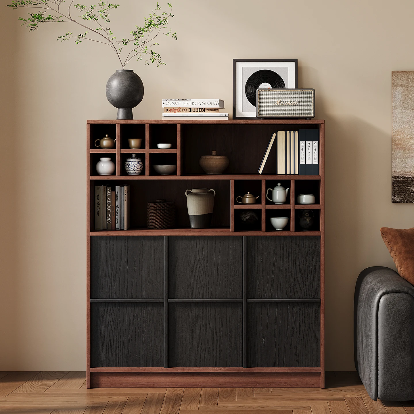 Solid wood bone line Bogu cabinet Duobao Pavilion display cabinet integrated tea cabinet against the wall