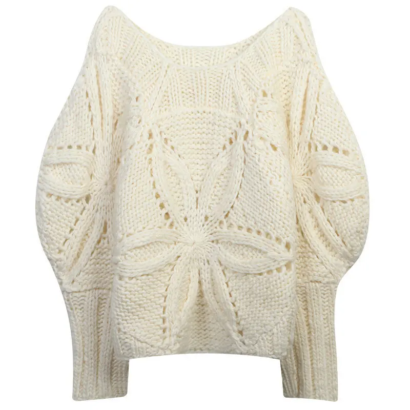 New Hot Sale Sweaters 2023 Autumn Winter High Quality Pullovers Women Allover Crochet Knitting Long Sleeve Casual Beige Jumpers