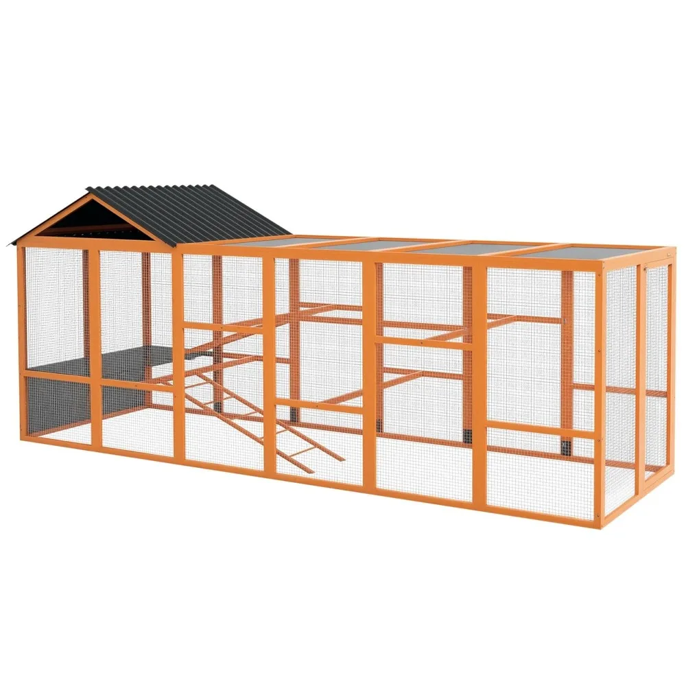

Wooden Chicken Coop Run for 6-10 Chickens, Hen House, Poultry Cage Add-On with Storage, Perches, 141.75" x 48" x 61", Orange