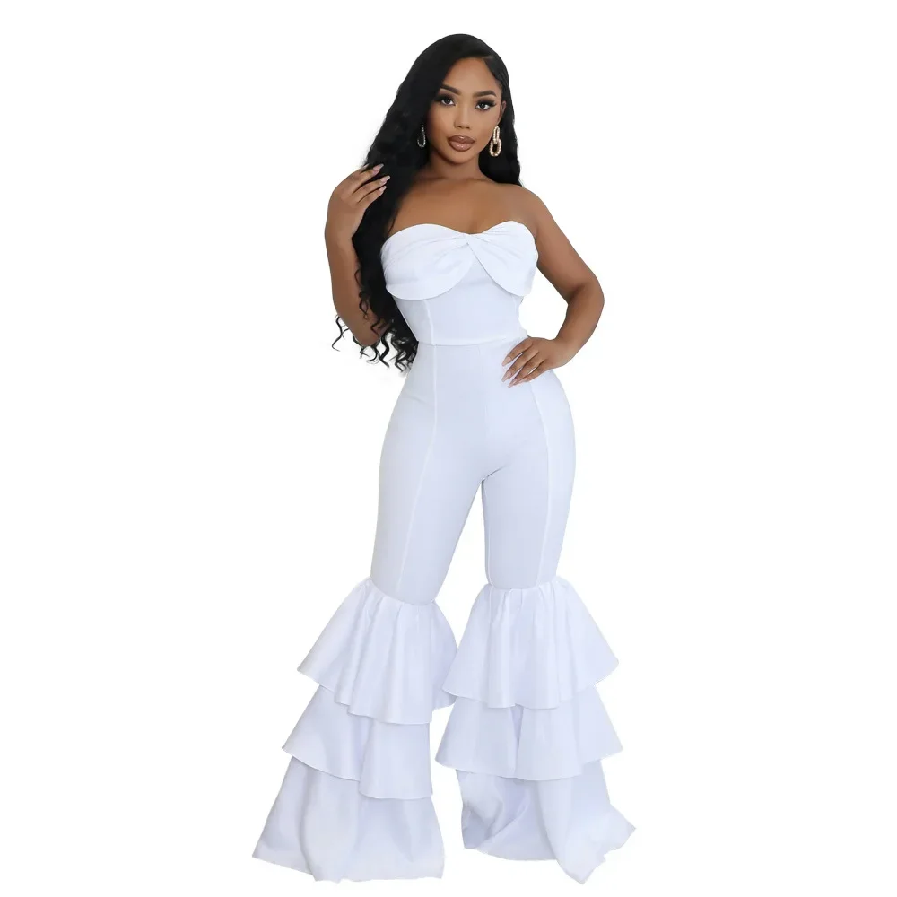 Sexy Ruched Patchwork Bodycon Jumpsuits Woman Solid Sleeveless Backless Tiered Ruffle One Piece Rompers Female Overalls New