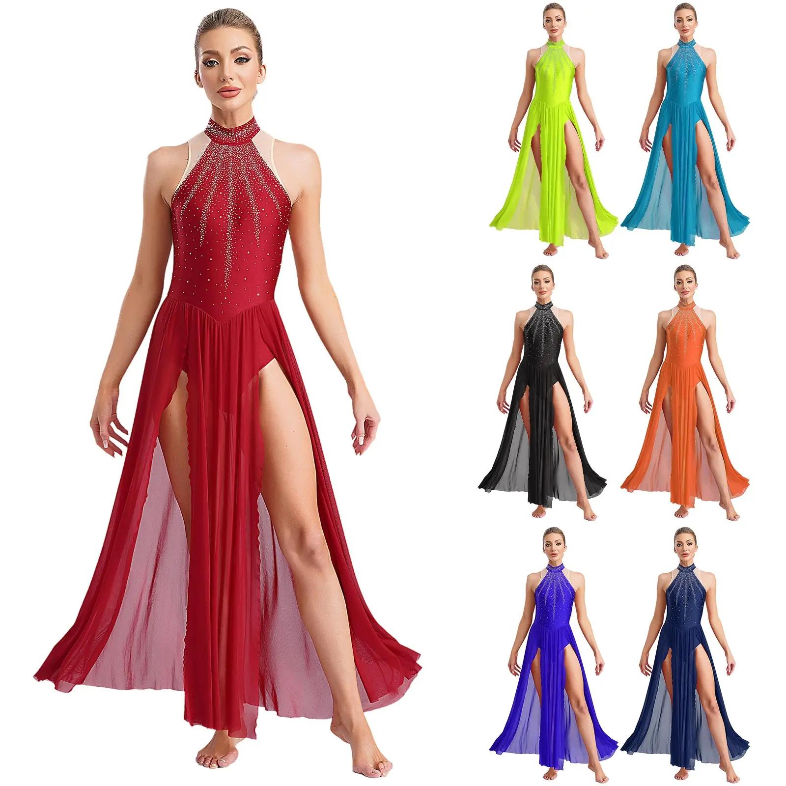 Women Modern Lyrical Dance Leotard Dress Sleeveless Shiny Rhinestones Mesh Split Dresses Skating Gymnastics Acrobatics Dancewear