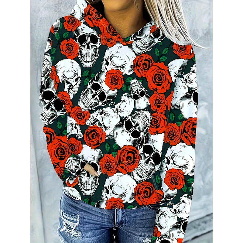 Czaszka kwiatowy wzór 3D bluzy z kapturem z nadrukiem moda damska bluzy z kapturem Streetwear swetry dresy w stylu Harajuku odzież damska — zdjęcie 6