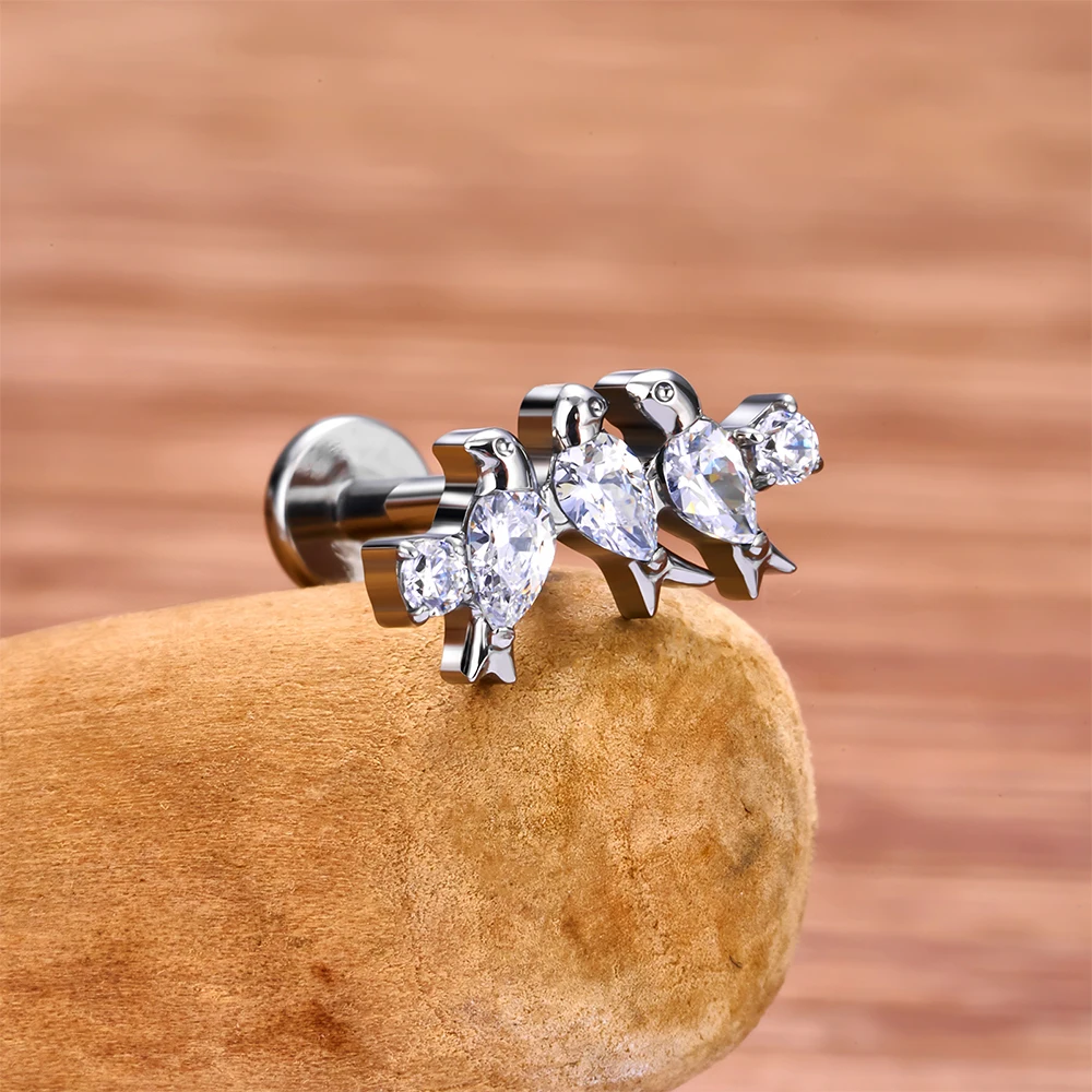 ASTM F136 Titanium frog Birds sword EAR Studs PIERC Double Round CZ Paved Top Labret Tragus Lip Earrings Stud Piercing Jewelry