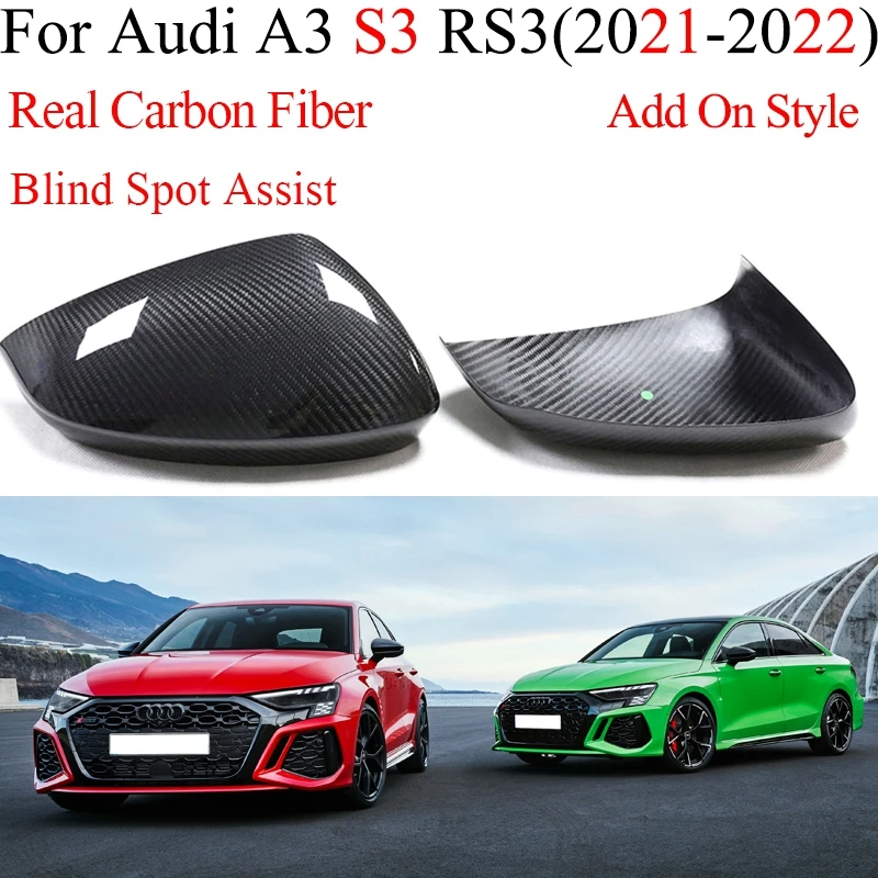 

LHD For Audi A3 S3 RS3 2021-2023 Real Carbon Fiber Car Side Exterior Rearview Mirror Covers Blind Spot Assist Hole Replacement