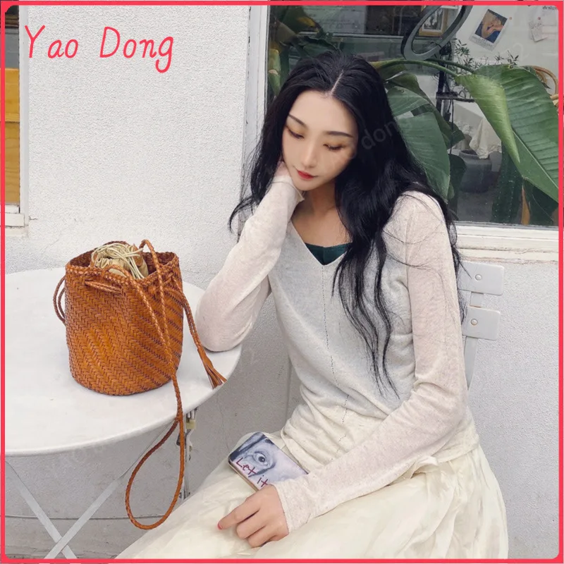 Yao Dong 100% Genuine Leather Women Shoulder Casual Inner Fabric Shopping Bag Vintage Tote Bag Cowhide Bucket Crossbody Bag