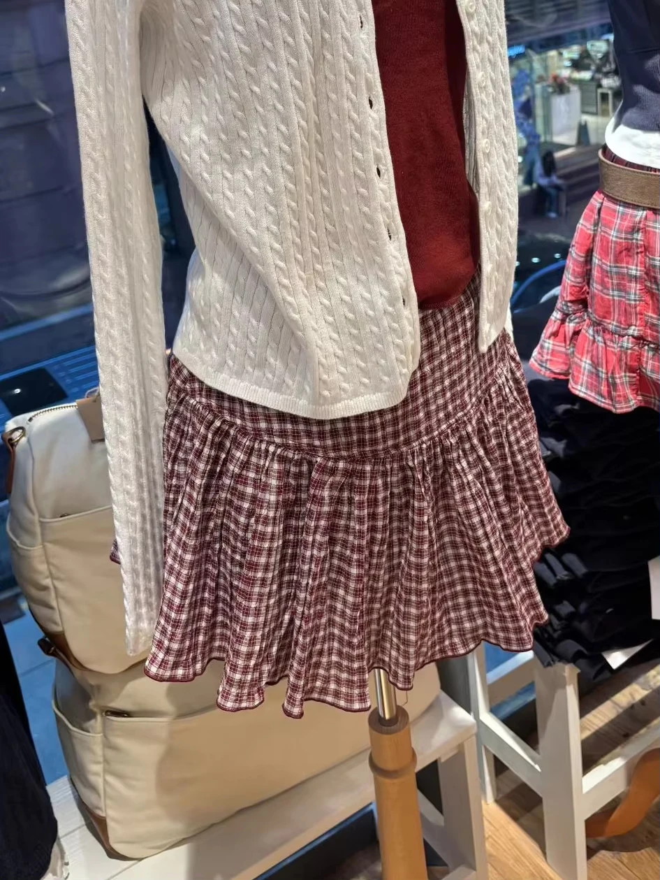 

Красная клетчатая мини-юбка А-силуэта для женщин, хлопковая, с высокой талией, эластичным подолом с оборками, винтажная, милая, в уличном стиле, Falda