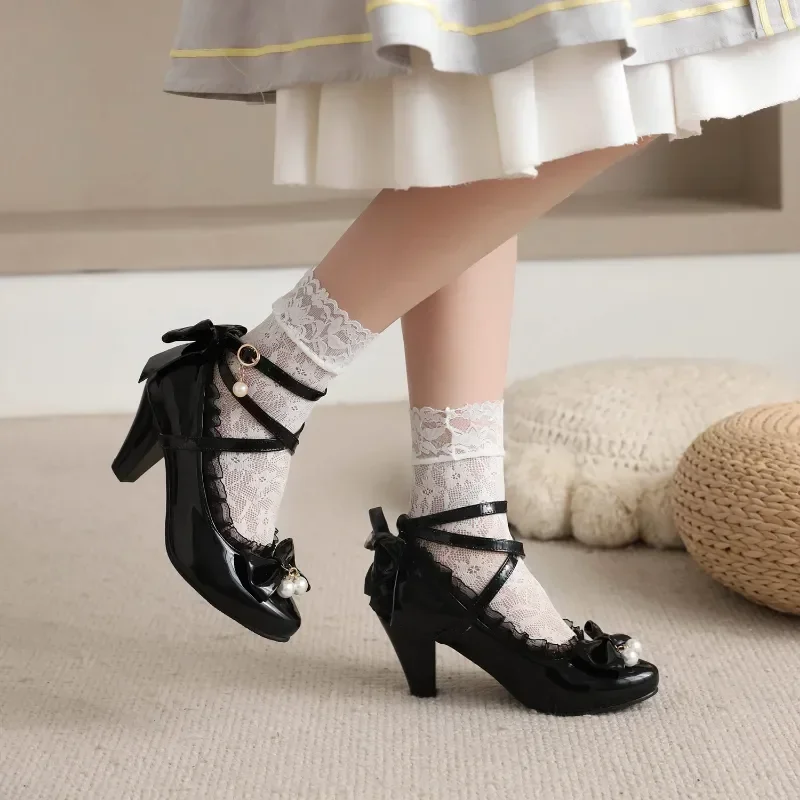 Lolita Cross-strap School Party Princess Shoes High Heels Red White Black Bowties Pearl Pendant Sweet Big Girls Pumps 7 12 14+y