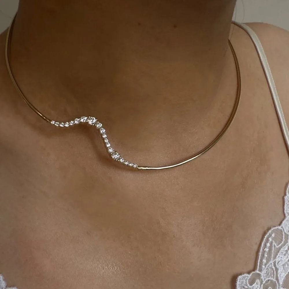 New Wave Shape Tennis Necklaces for Women Bezel Setting Shiny Full Cubic Zirconia Gold Platinum Color Fashion Jewelry for Party