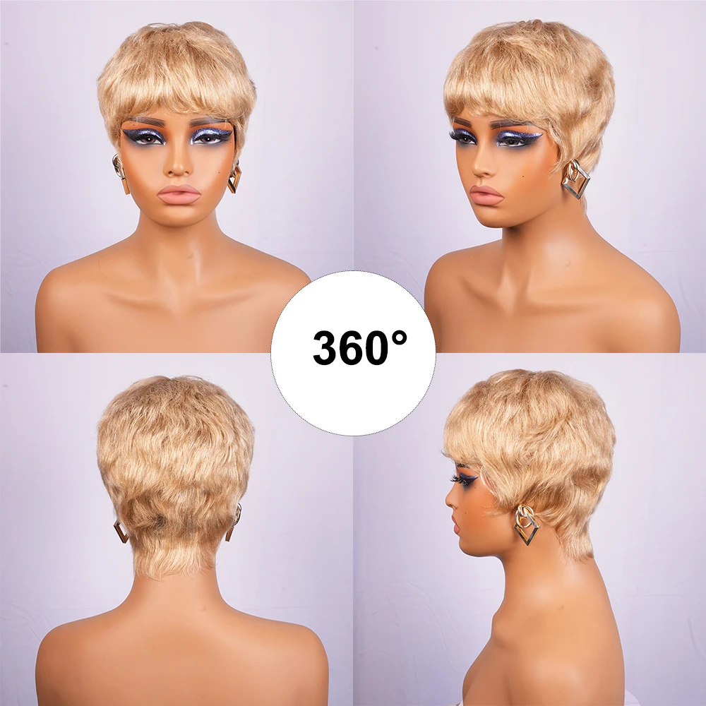 Светлые короткие парики из натуральных волос Парик с стрижкой пикси с предварительно выщипанной челкой для женщин Базильские волосы Машинное производство Прямые парики из человеческих волос