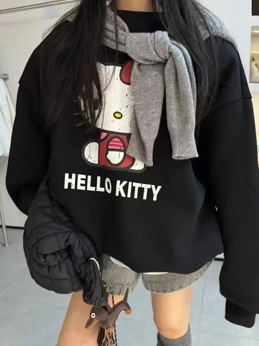 Sanrio hello kitty versão na moda dos desenhos animados impressão feminina outono inverno em torno do pescoço hoodie para mulher manga comprida pullovers versáteis