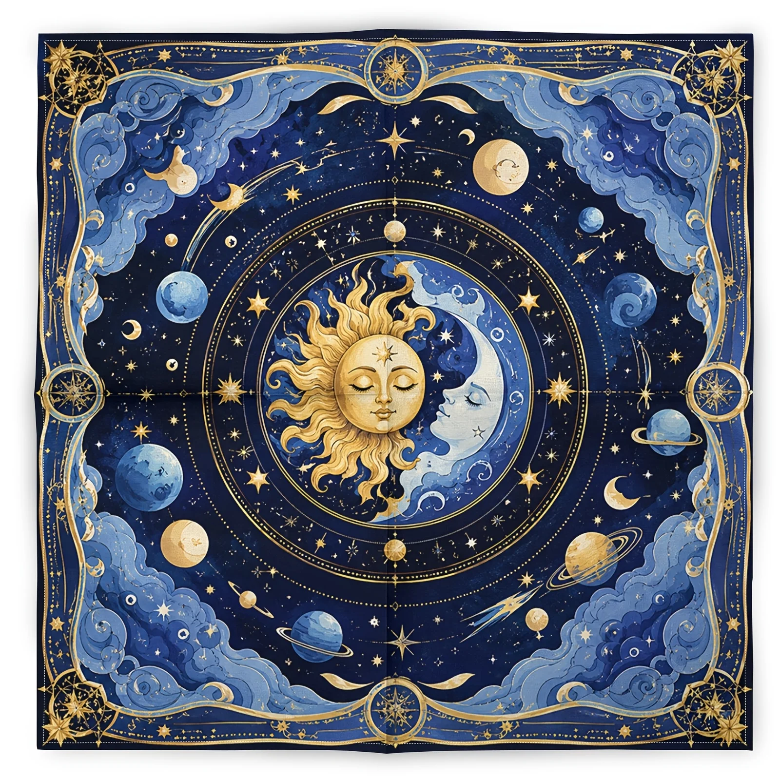 Celestial Zodiac Constellation Tablecloth Blue Gold Astrology Sun Moon Planets Cosmic Galaxy Decor