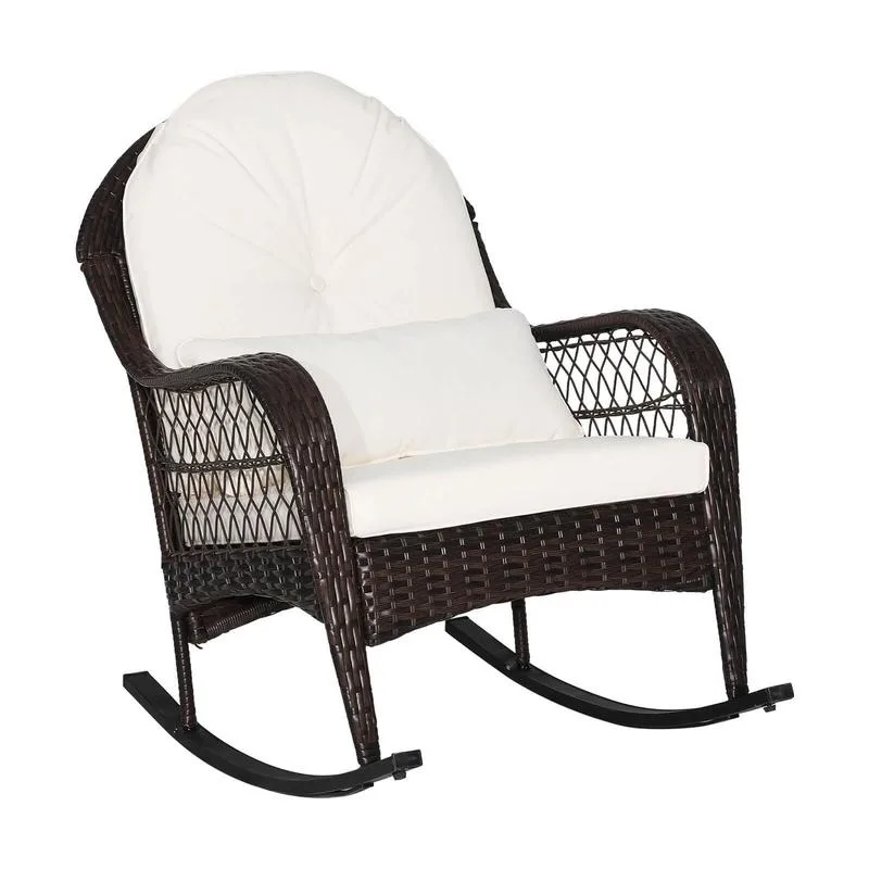 Rattan Rocking Chair with Seat Back Cushions and Waist Pillow, Sturdy Metal Frame, Mix Brown Outdoor Rocker for Balcony, Porch,