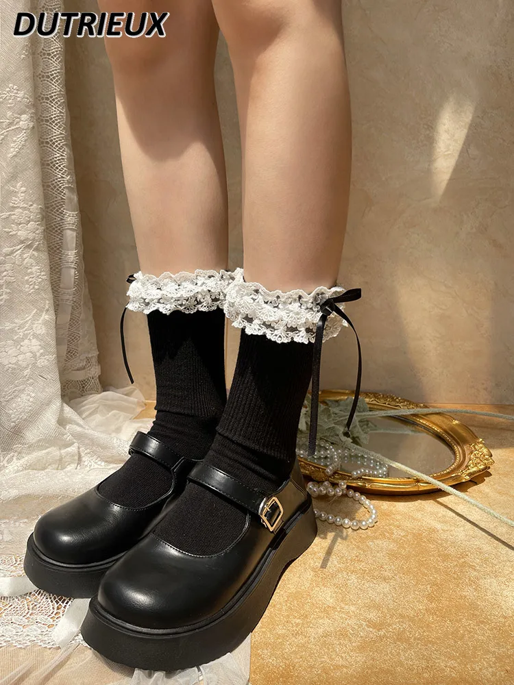 

Japanese Style New Double-layer Cotton Embroidered Lace Bow Stocking Lolita Sweet Girl Student Mid-tube Stacking Socks