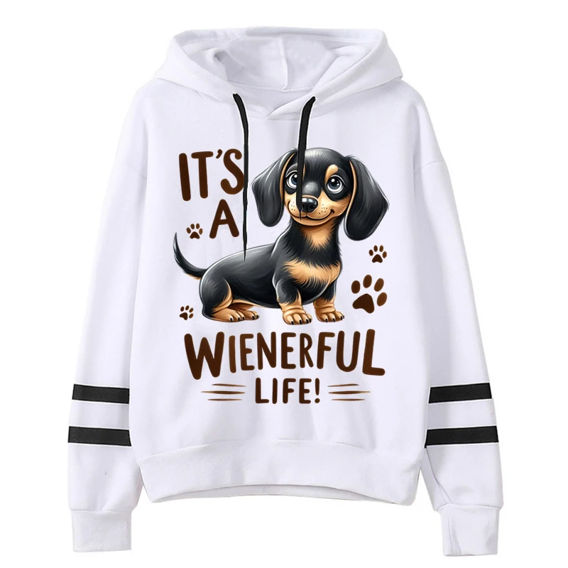 Womens Clothing Grey Vintage Street Sweatshirt Hoodie Dachshund Dog Print Long Sleeves Casual Warm Oversize Ladies Tops Autumn