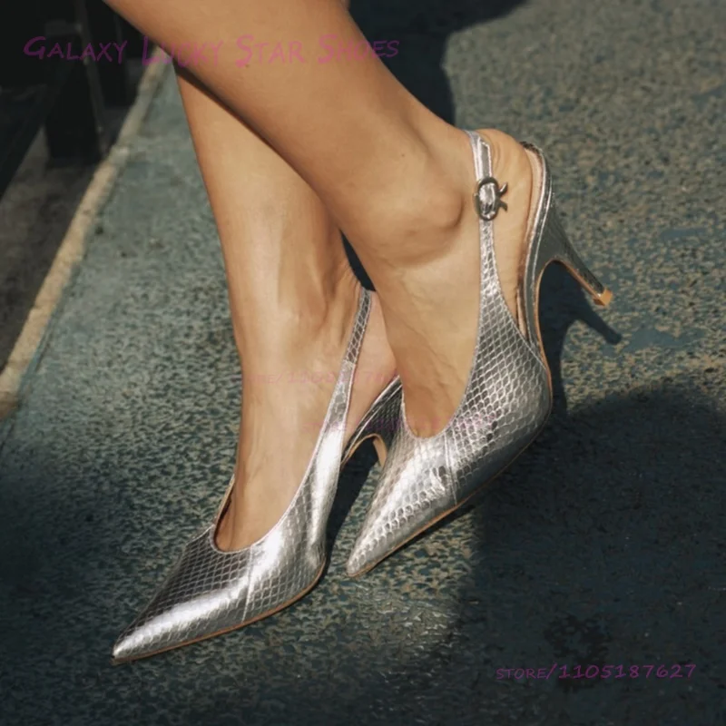 

Silver Checkered Shimmering Sandals Women Pointed Toe Low Stiletto Heel Simple Wear Business Open Toe Office Lady Summer Shoes