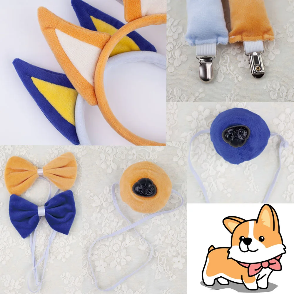 Novelty Halloween Animal Ears and Tail Set Holiday Masquerade Headband Nose Tail Bow Tie Dog Cosplay Costume for Kids and Adults