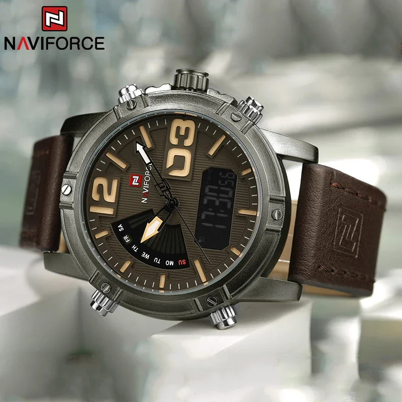 NAVIFORCE Fashion Men Watch Digital Sport WristWatch Top Brand Luxury Military Army Leather Band Analog LED Quartz Male Clock