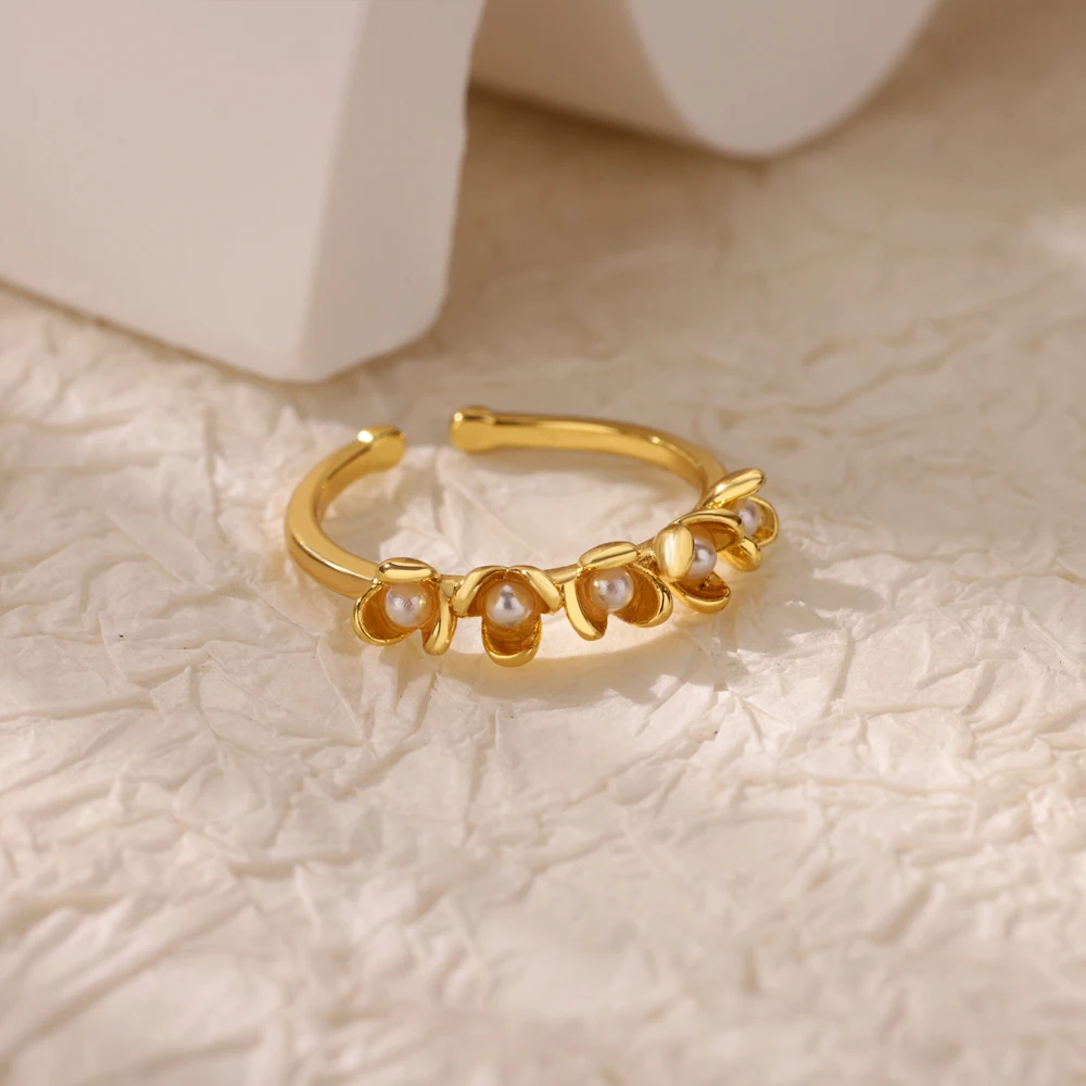 Imitation Perle Blume Ringe für Frauen Gold Farbe Edelstahl Offenen Ring 2024 Trend Luxus Hochzeit Schmuck Kostenloser Versand
