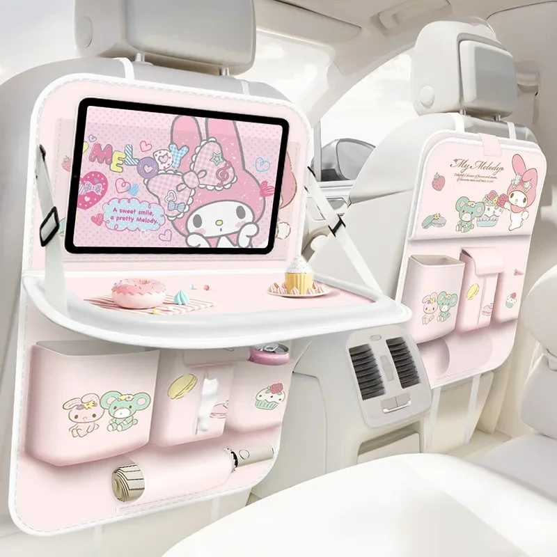 2024 baru Sanrio Melody tas penyimpanan mobil kursi belakang mobil tahan air Multi fungsi tas gantung dengan meja dan penyimpanan tisu kertas