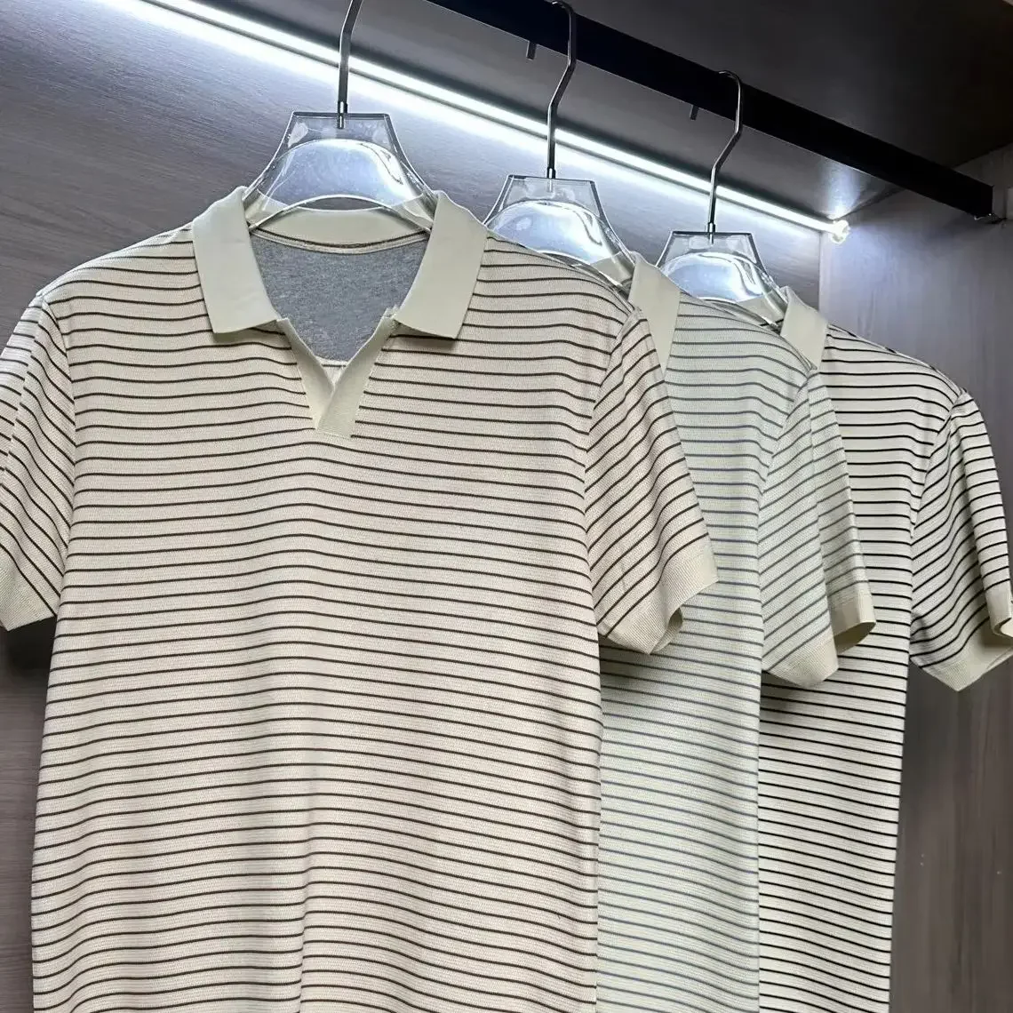 Italian BC casual striped lapel old money style embroidered polo shirt