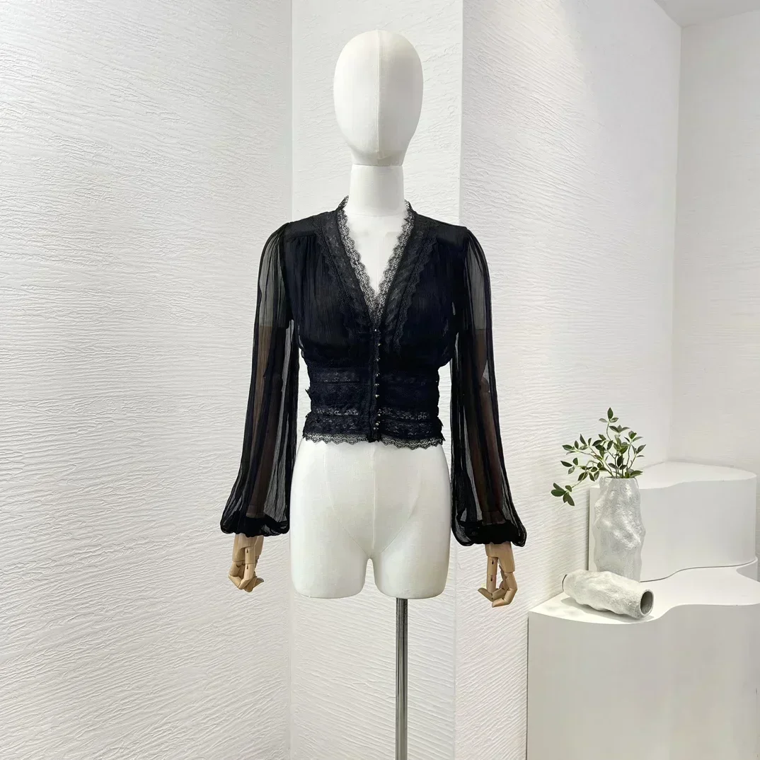 

Black Classic Women Blouse High Quality Full Lantern Sleeve Lace Patchwork Invisible Side Zipper All-matching Beige Tops