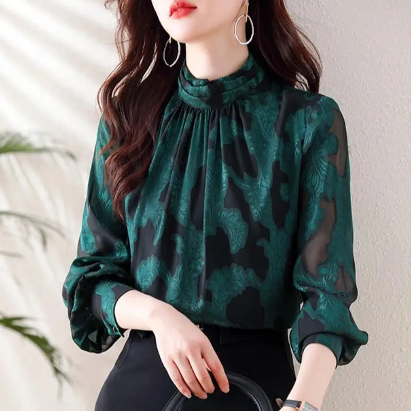 Women Korean Fashion Vintage Print Elegant Blouse Office Lady Casual Ruffled Stand Collar Shirt Sexy Mesh Long Sleeve Chic Tops