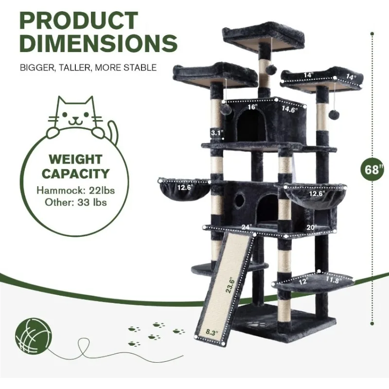 Imagem -06 - Multi-nível Grande Cat Tree Tower com Cat Condo Cozy Plush Poleiros Sisal Arranhar Posts e Redes 68