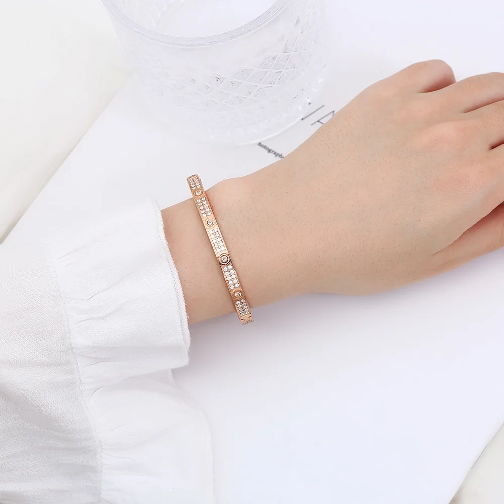 Luxury Cubic Zirconia Stainless Steel Bangles for Women Rose Gold Bracelet Jewelry Gifts Wedding Accessories  Браслет view 3