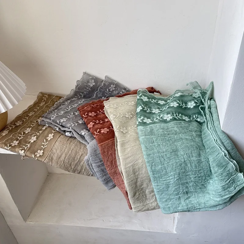 Cotton Linen Lace Splicing Scarf Lady Breathable Super Fairy Tulle Towel Literary Embroidery New Spring and Summer
