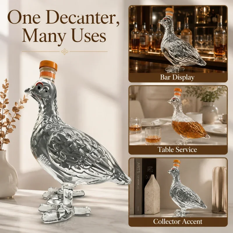 Decantador Coleccionable Grouse 130 Aniversario, Botella de Whisky Escocés de Vidrio Transparente con Escultura 3D de Grouse, Adorno de Whisky Escocés