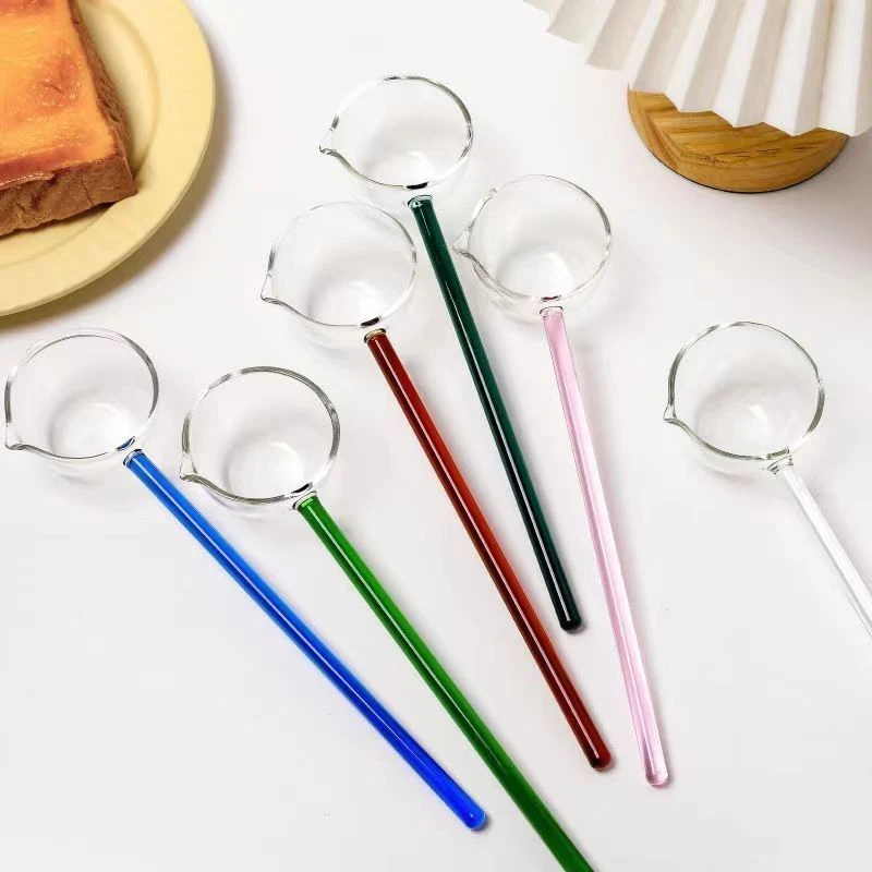 Borosilicate Glass Spoon with Colored Long Handle Heat Resistant Deep Sauce Soup Spoon with Spout Small Chocolate Drawing Spoons
