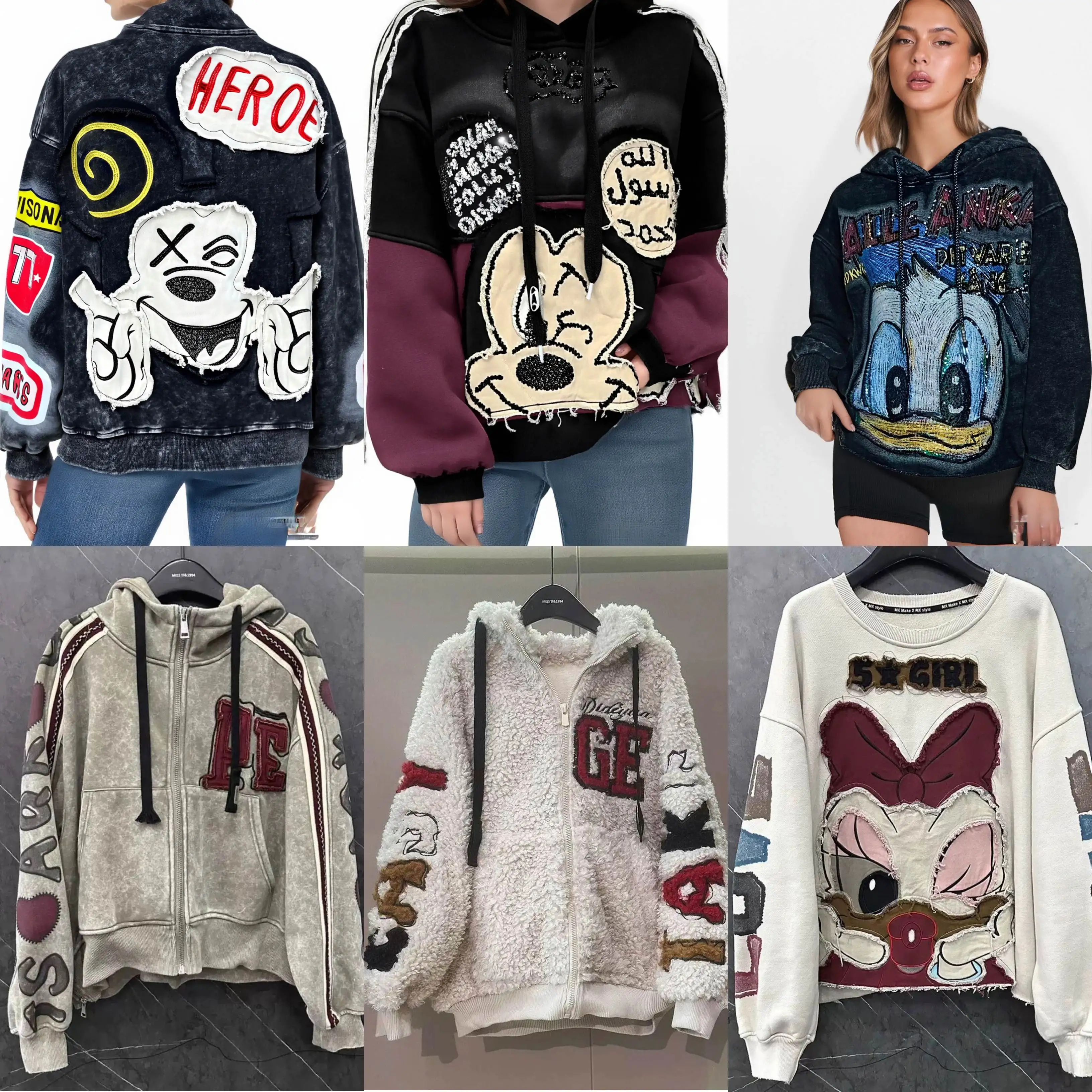 

Европейская и американская женская сверхмощная рабочая ткань с вышивкой, мультяшным принтом, круглым вырезом, свободная толстовка с длинными рукавами