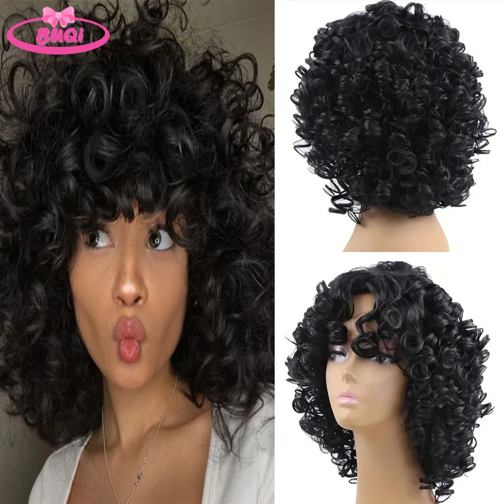 

BUQI Loose Curly Wig With Bangs Synthetic Hair Full Machine Made Loose Wave Short Bob Wigs For Women Pixie Cut Wig