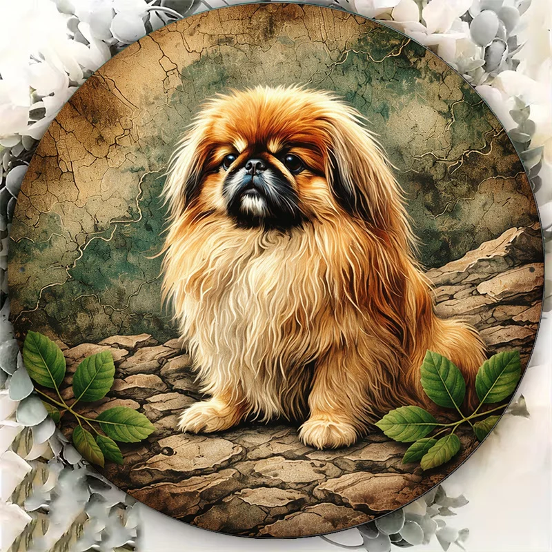 2D Flat - 1pc 8*8In/20X20Cm 2D Flat Round Sign, Vintage Plaque about Pekingese, Cute Dog Decorative Sign, Suitable for Living Ro