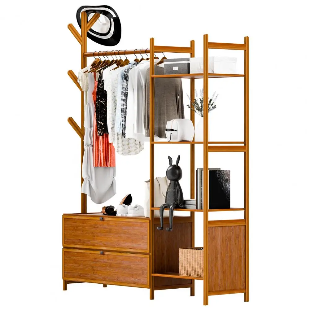 Hall Tree Garment Rack, Entryway Coat Rack with 4-Tier Shelves and 2 Shoes Cabinet, Freestanding Wardrobe Closet Clothing Rack